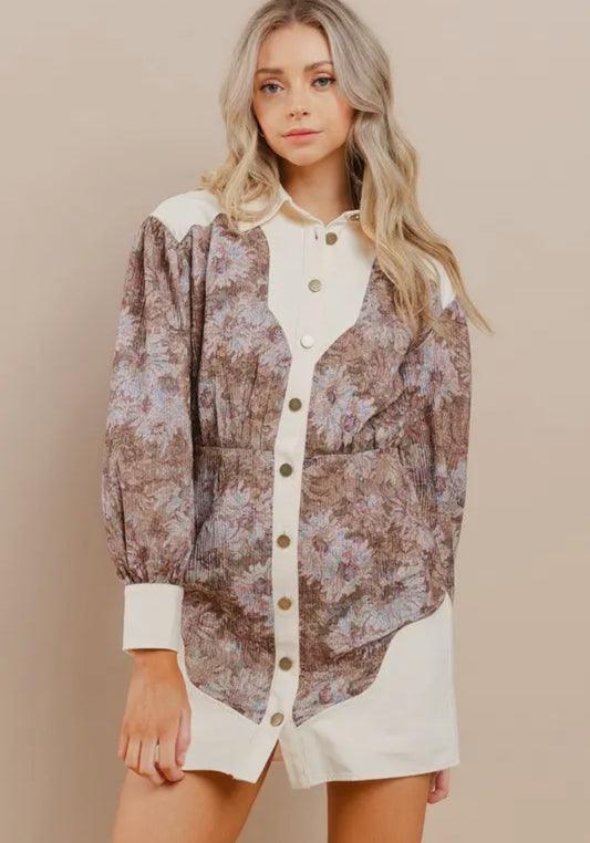 Winter Floral & Cream Button Down Dress