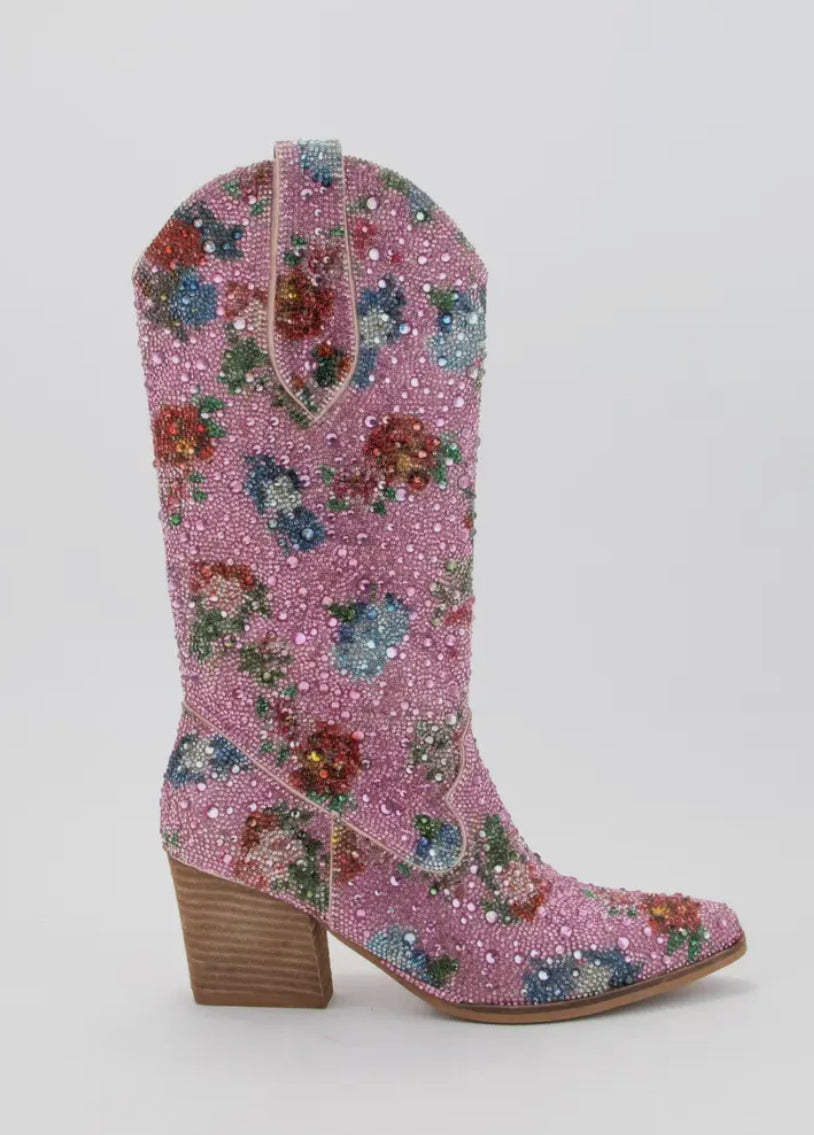 Dazzling Pink Floral Rhinestone Boots