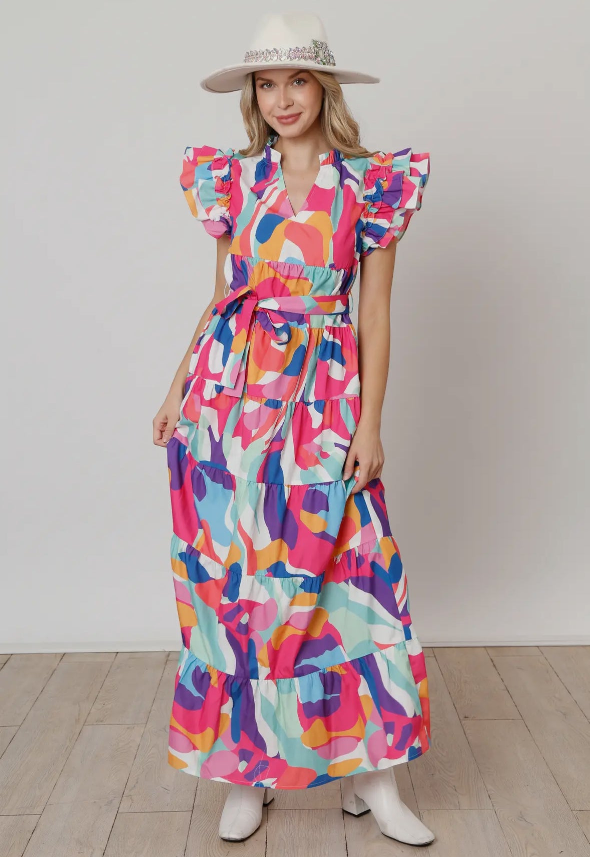 Abstract Ruffled Maxi Dress