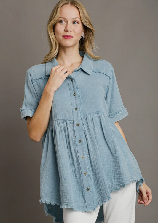Cotton Gauze Button Front Top