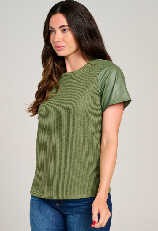 Olive Leather Sleeve Knit Top
