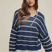 Striped Hooded Open Knit Sweater