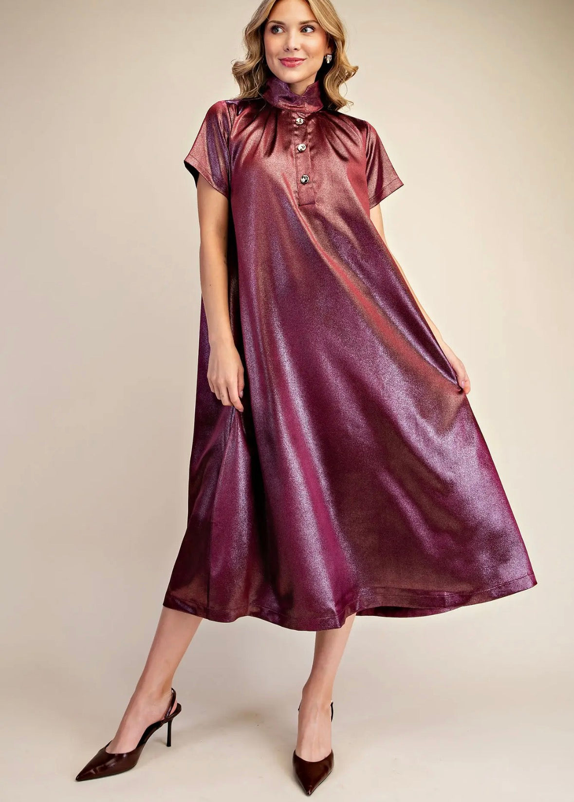 Burgundy High Neck Shimmer Midi Dress
