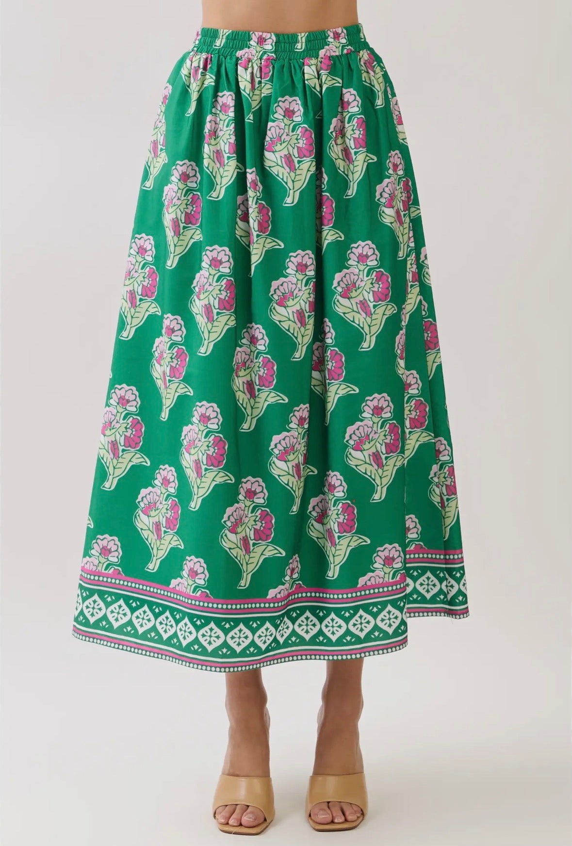 Green + Pink Elastic Waist Maxi Skirt