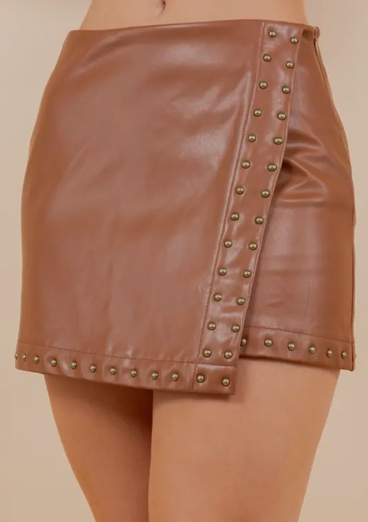 Camel Studded Faux Leather Skirt