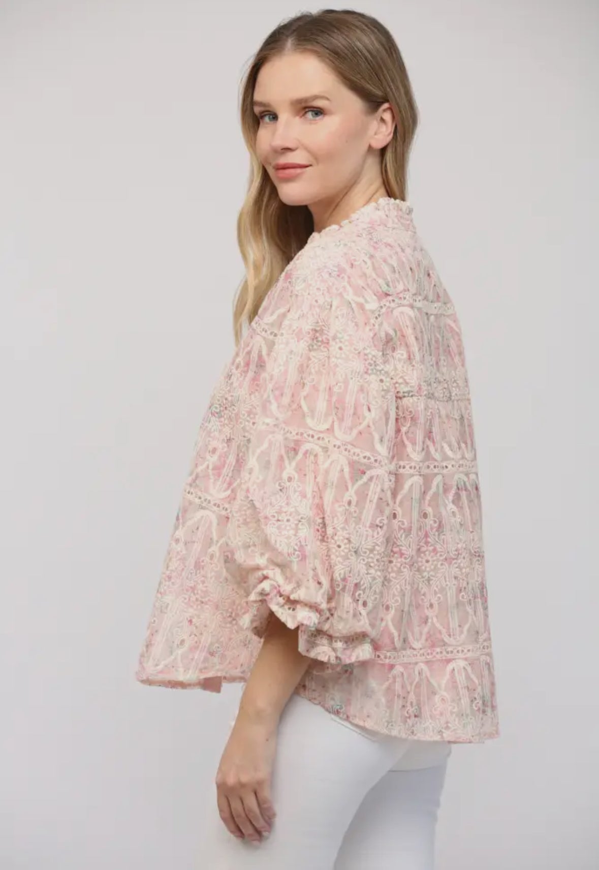 Broderie Split Neck Bubble Sleeve Blouse