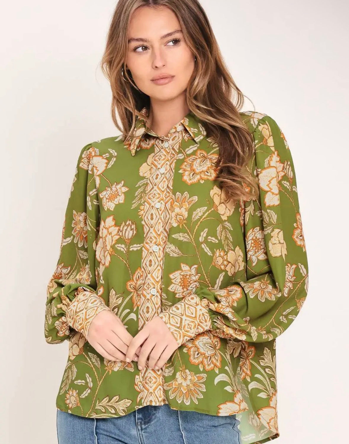 Printed Green Woven Button Down