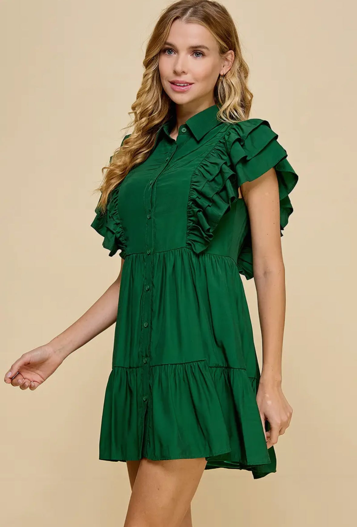 Hunter Green Ruffle & Button Down Dress