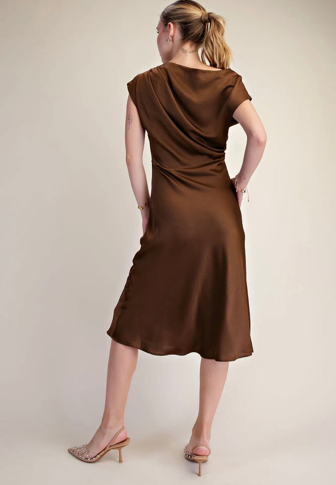 Brown Asymmetrical Tie Midi Dress