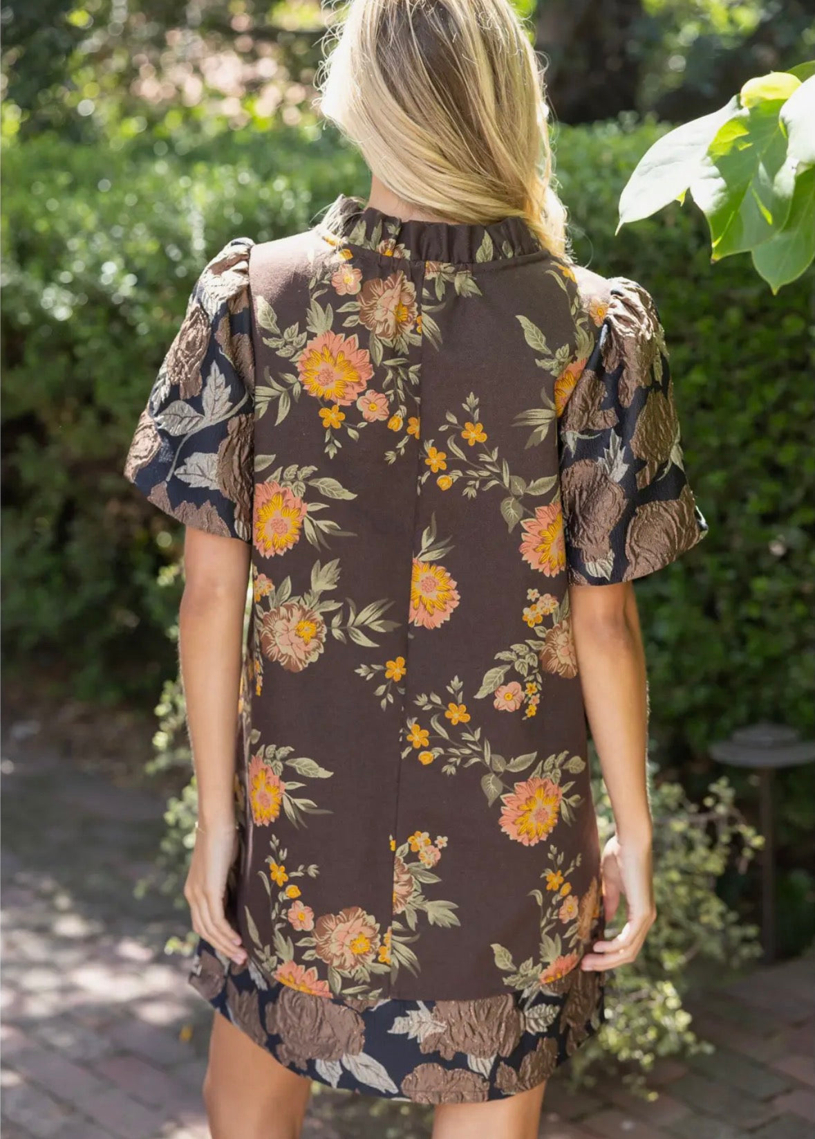 Mixed Media Brown Bubble Sleeve Dress