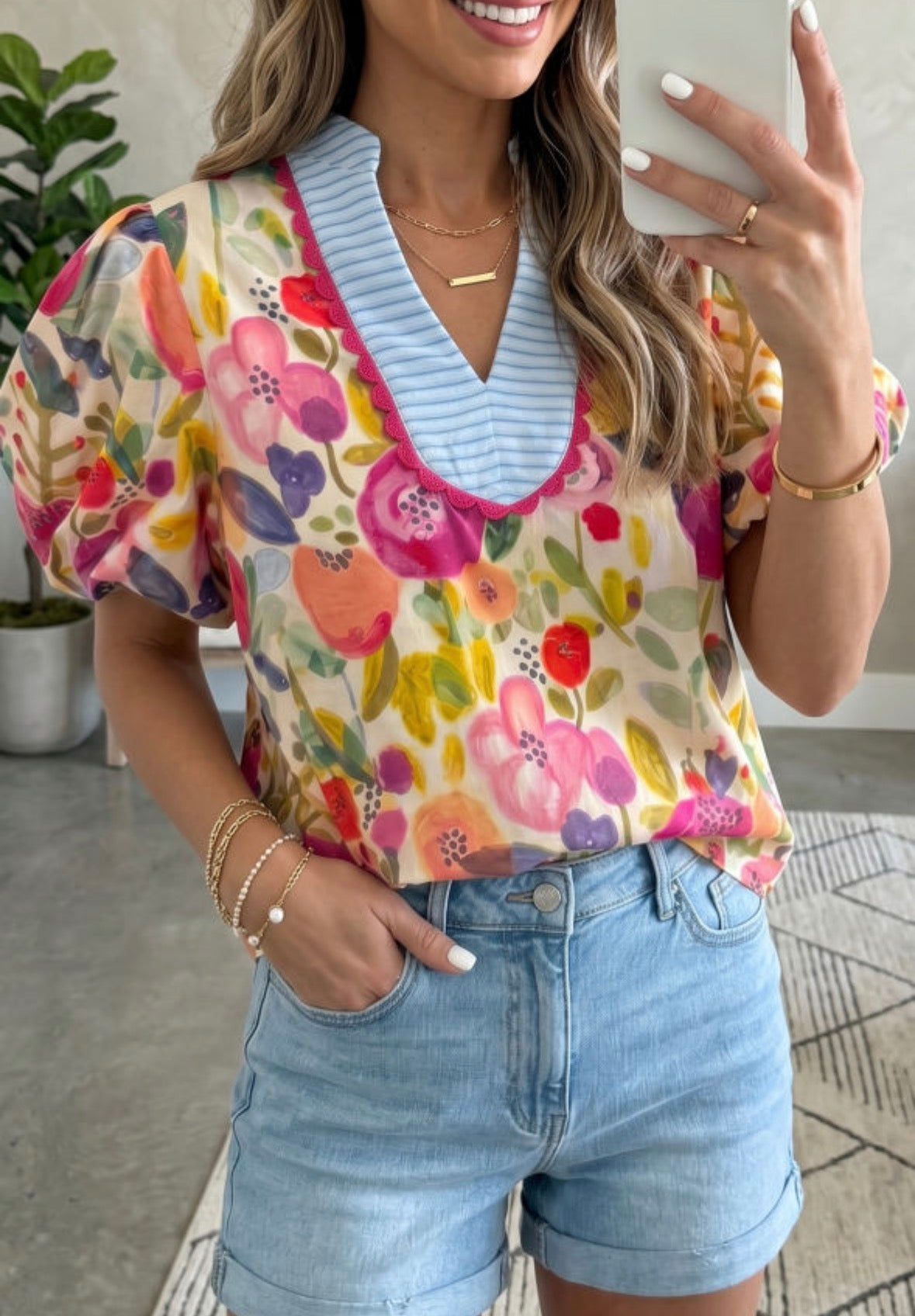 Floral Striped Neck Top