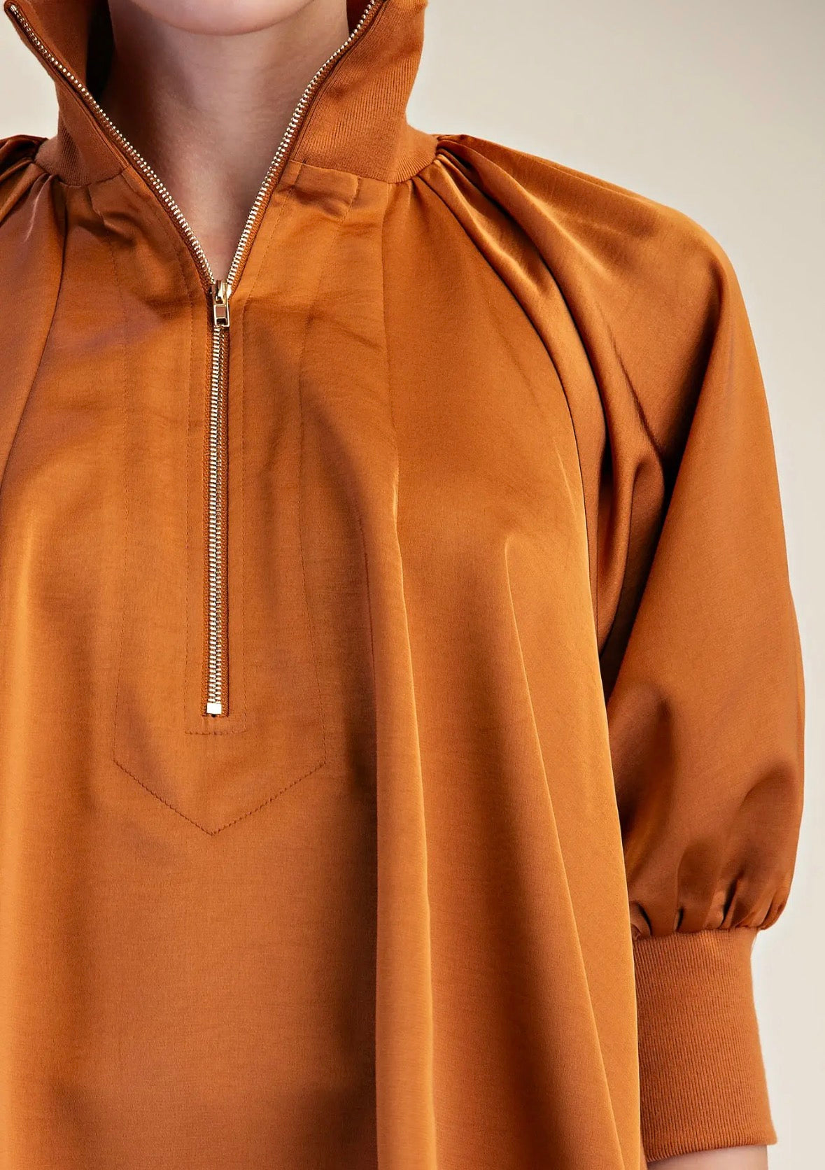 Rust Mock Neck Half Zip Flow Top