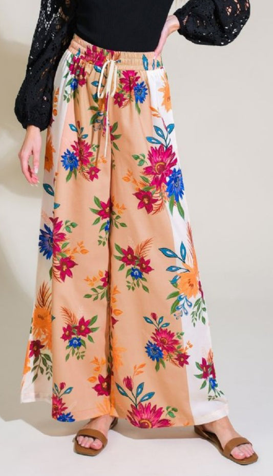 Ivory Taupe Floral Elastic Pants