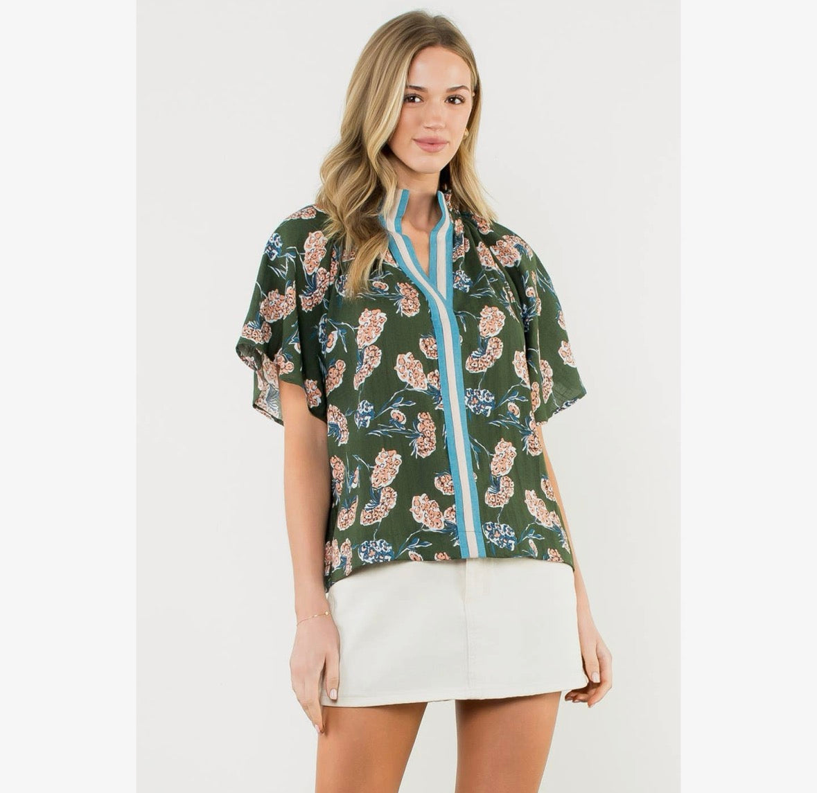 Olive Green Contrast Trim Top