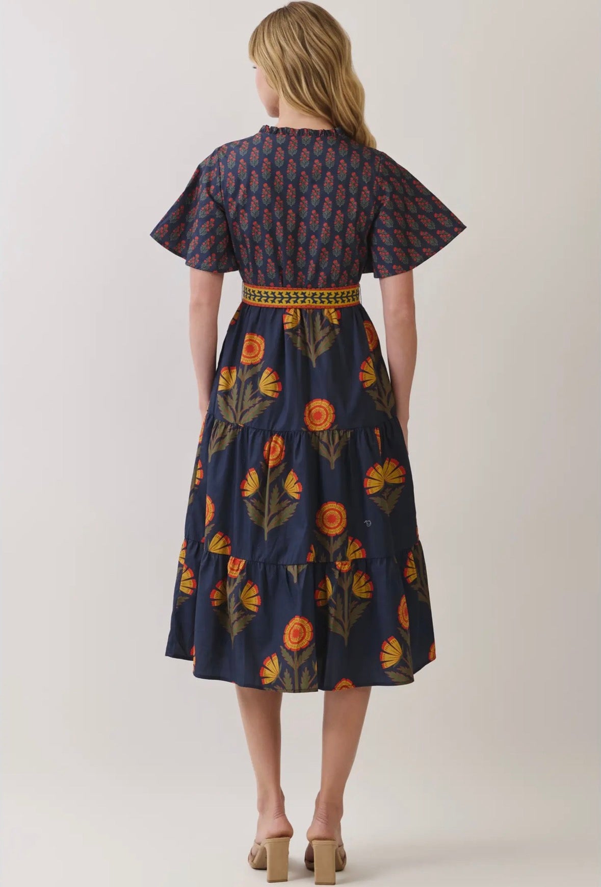 Navy Floral Print Tiered Midi Dress