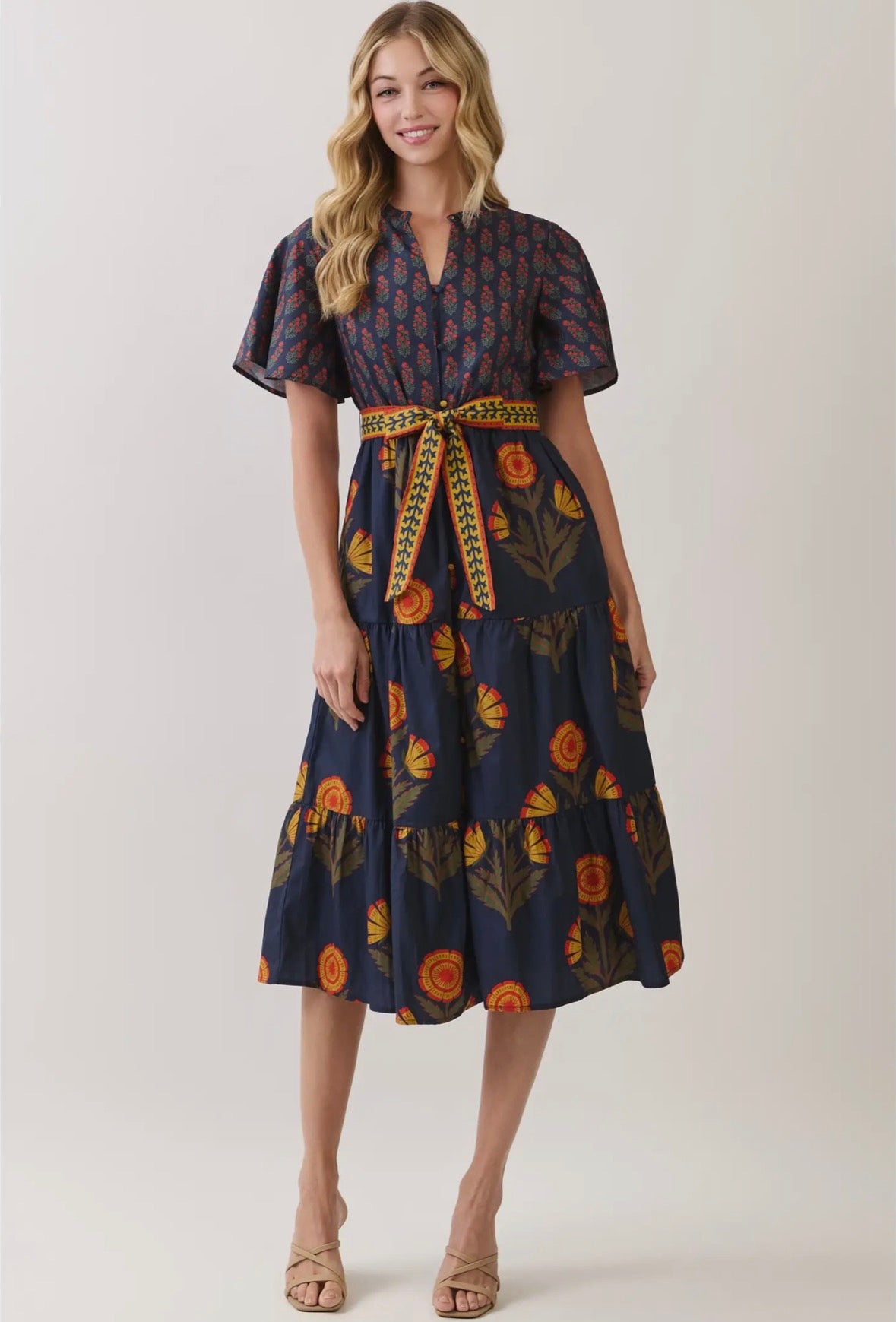 Navy Floral Print Tiered Midi Dress