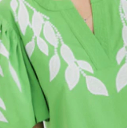 Green Embroidered Puff Sleeve Blouse