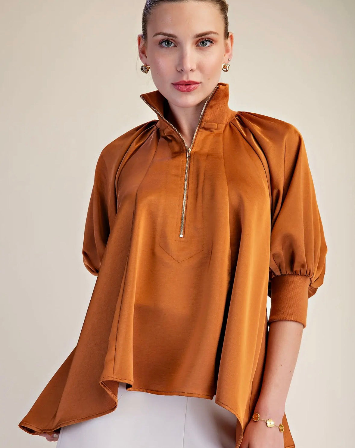 Rust Mock Neck Half Zip Flow Top