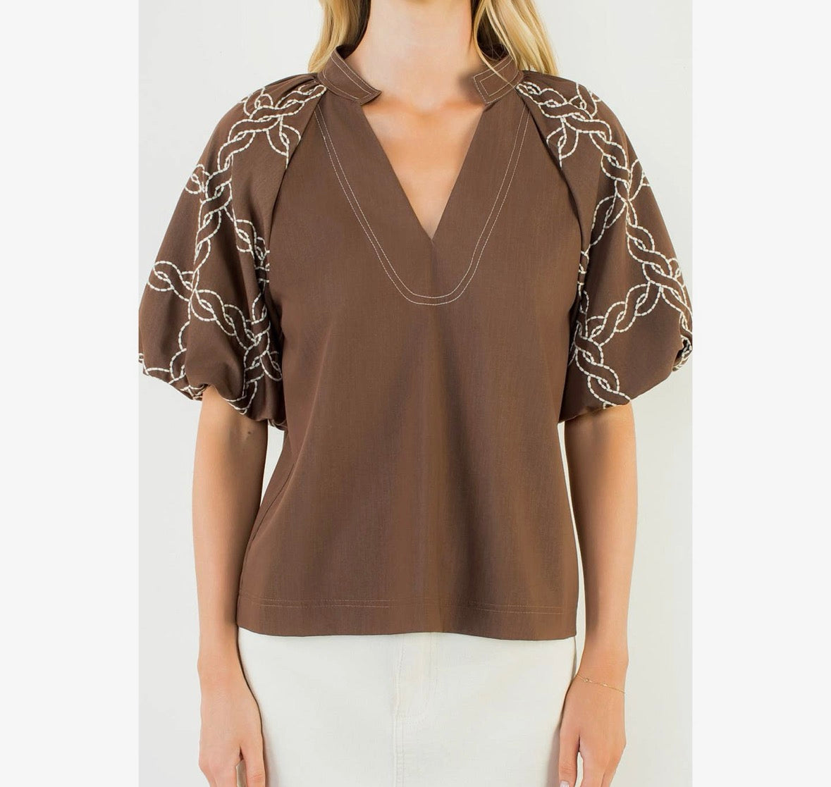 Brown Embroidered Puff Sleeve Blouse