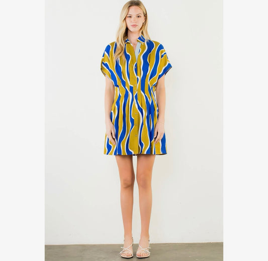 Cinched Waist Wavy Stripe Dress