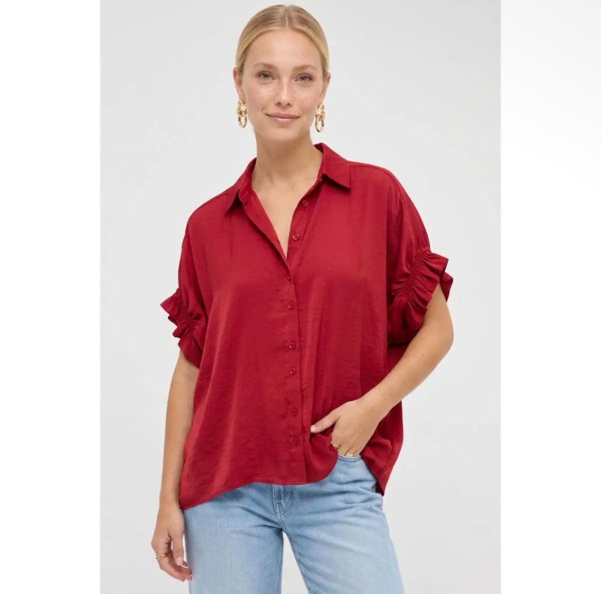 Ruched Sleeve Button Blouse
