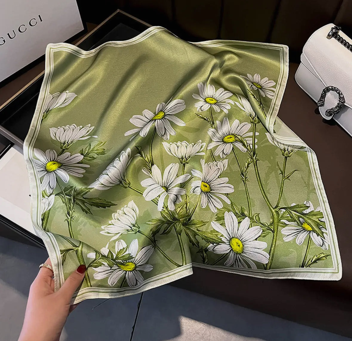 Green Satin Floral Scarf