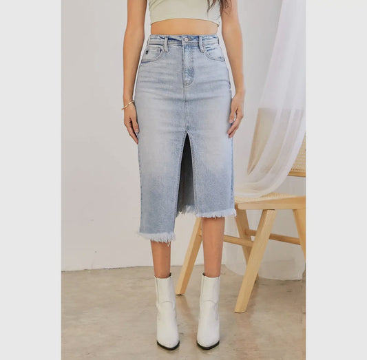 Asymmetrical Denim Midi Skirt