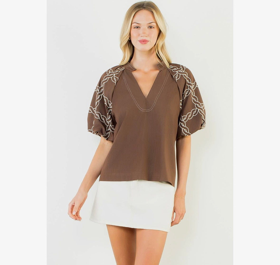 Brown Embroidered Puff Sleeve Blouse