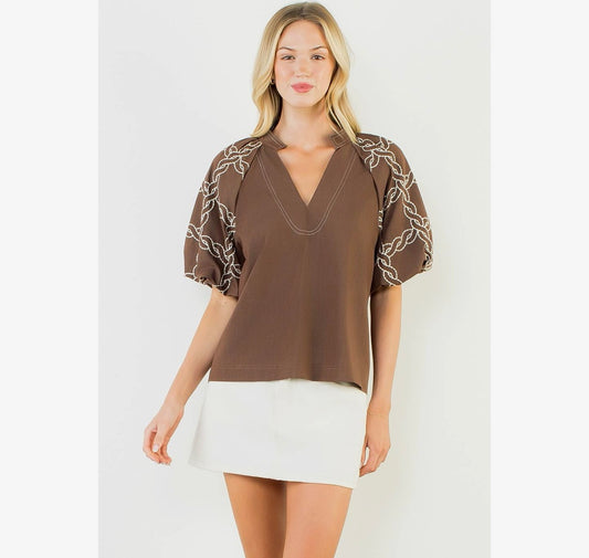 Brown Embroidered Puff Sleeve Blouse