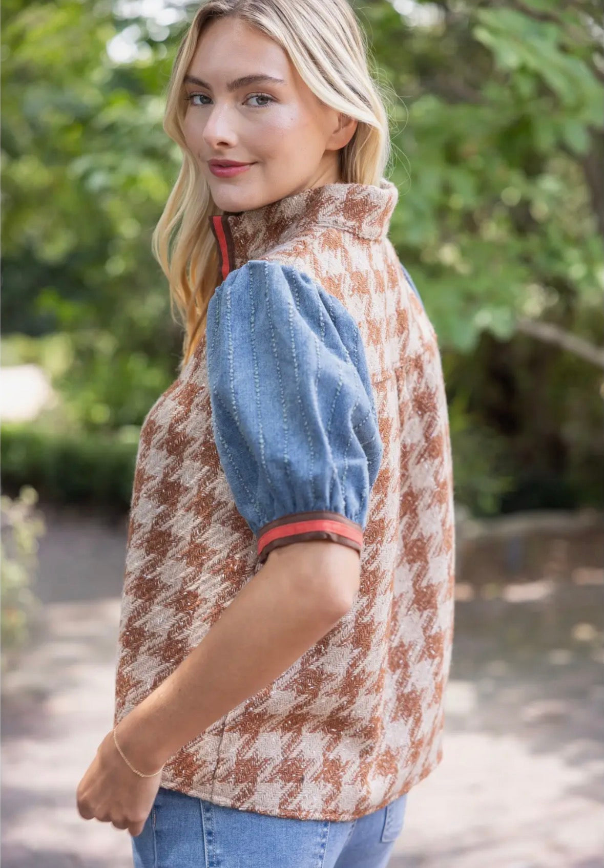 Denim & Houndstooth Tweed Top