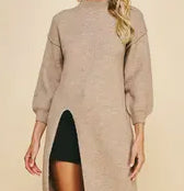 Gray Mock Neck Sweater Tunic with High Slit