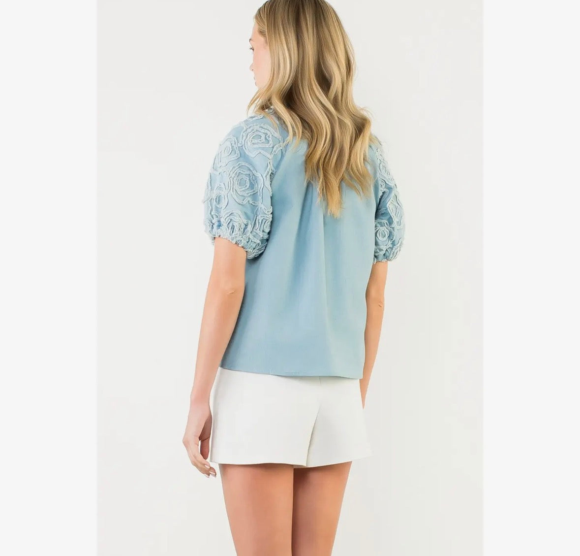 Floral Appliqué Denim Puff Sleeve Top