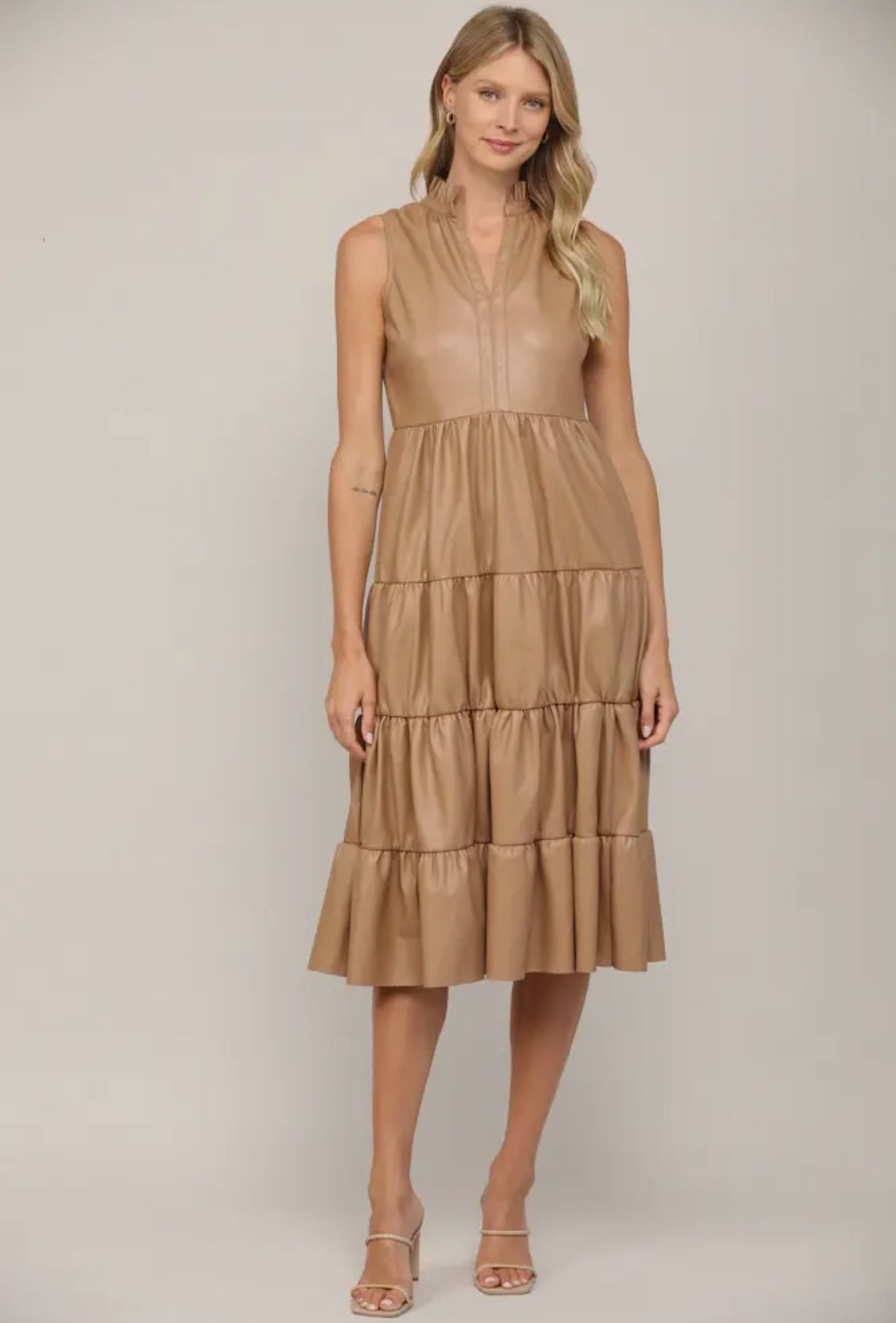 Faux Leather Tiered Midi Dress