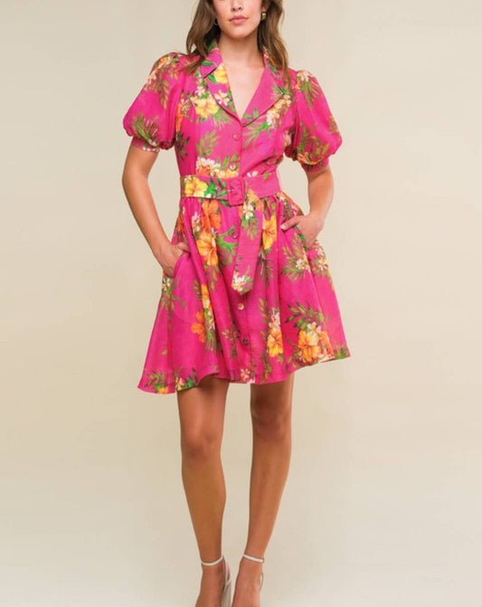 Fuchsia Floral Collared Belted Dress