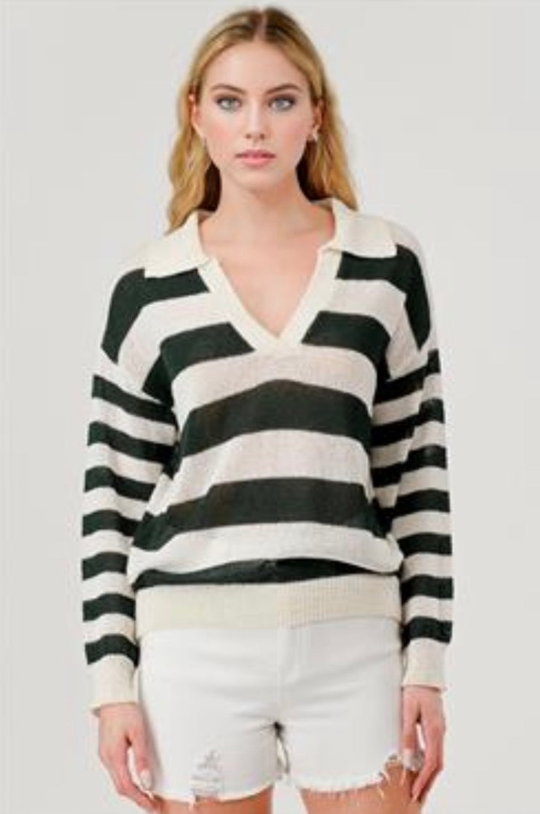 Striped Knit Collared Sweater