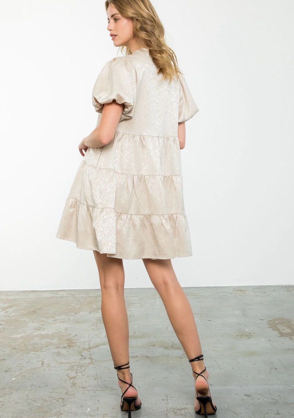 Gold Jaquard Puff Sleeve Dress