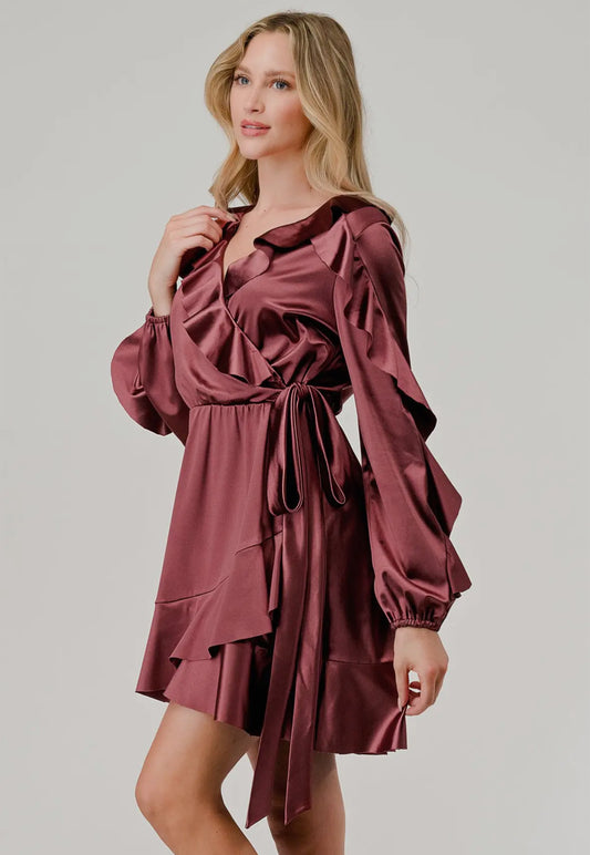 Marsala Satin Ruffle Dress