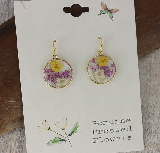 Cottage Circle Purple + Yellow Flower Earrings
