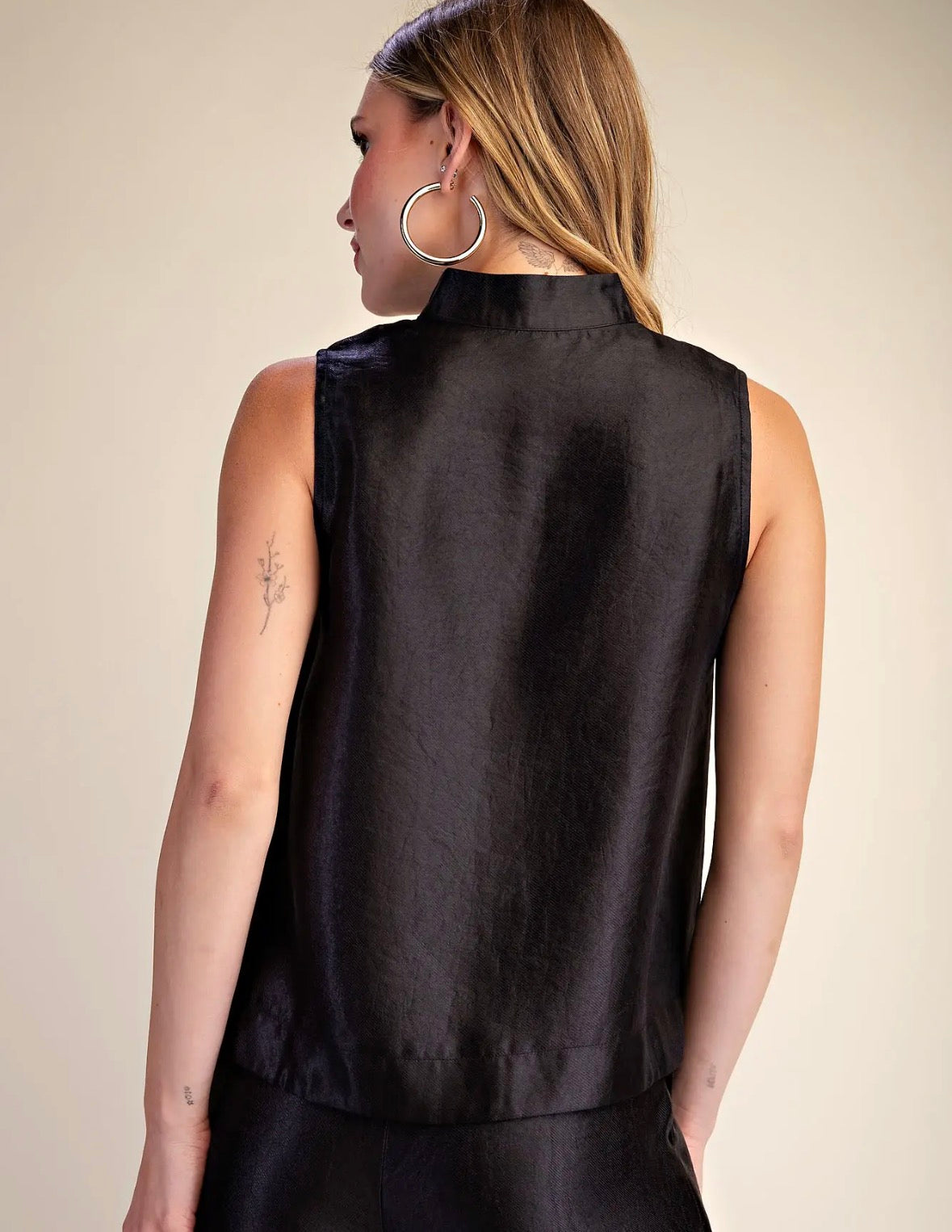 Black Silky Stand Collar Top