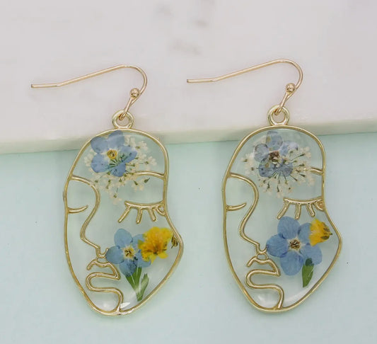 Blue Dried Flower Face Earrings