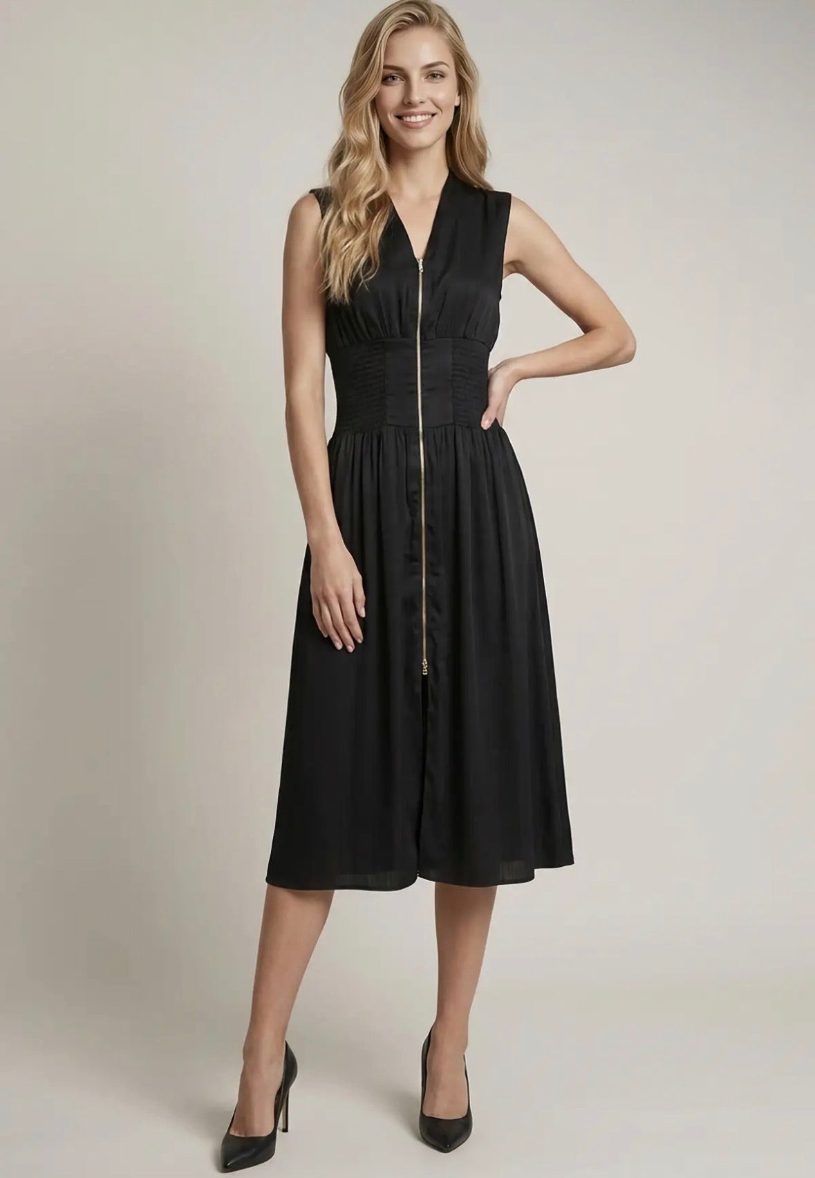 Black Smocked Waist Midi Dress