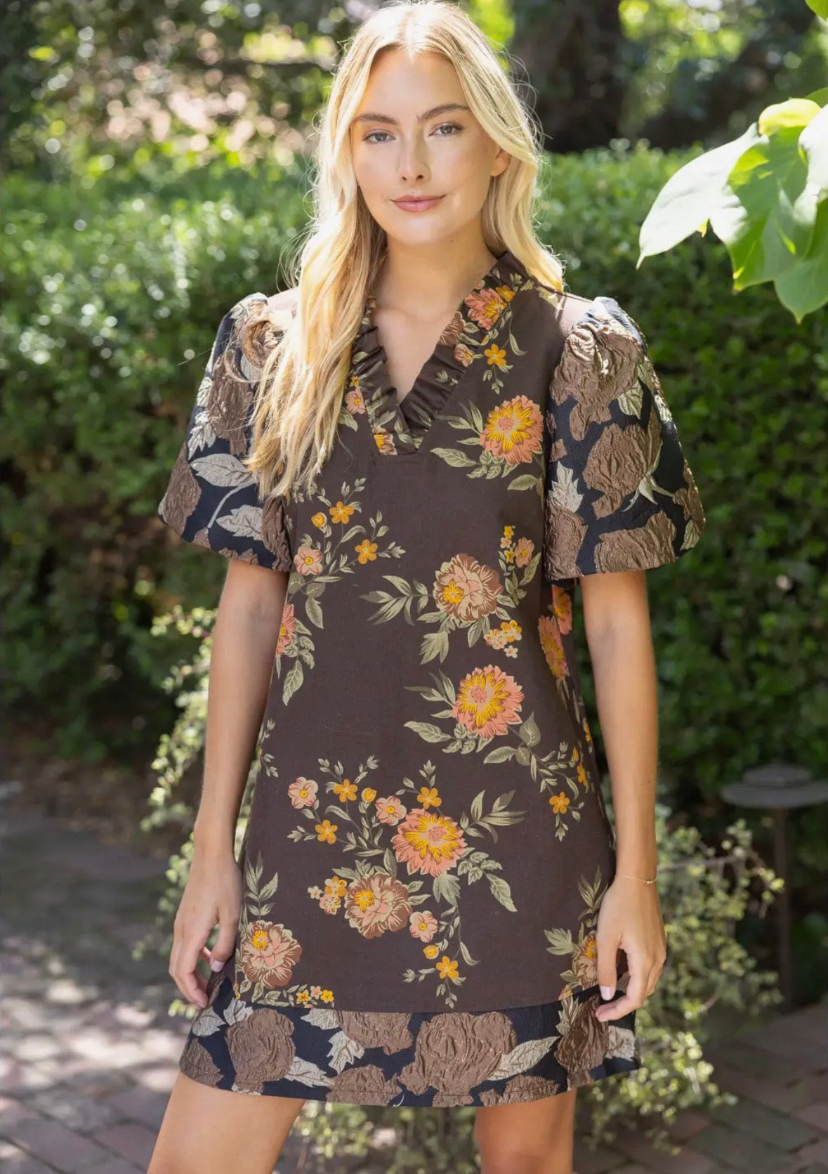 Mixed Media Brown Bubble Sleeve Dress