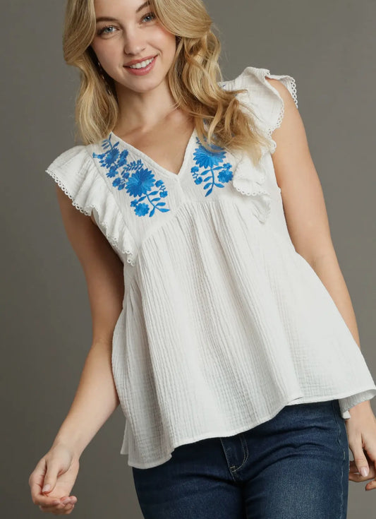 Blue & White Embroidered Gauze Top