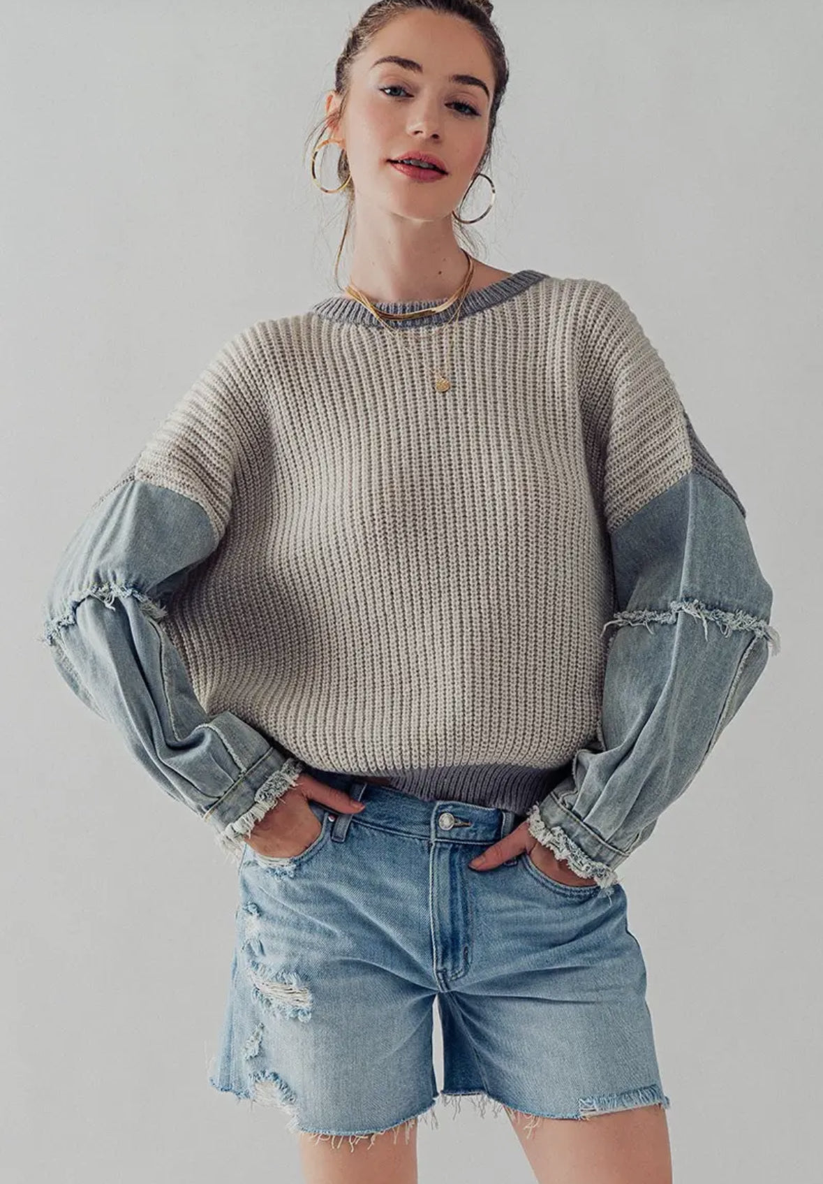 Denim Accent Sleeve Sweater