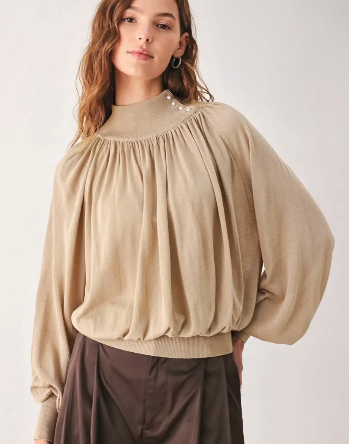 Taupe High Neck Pearl Accent Top