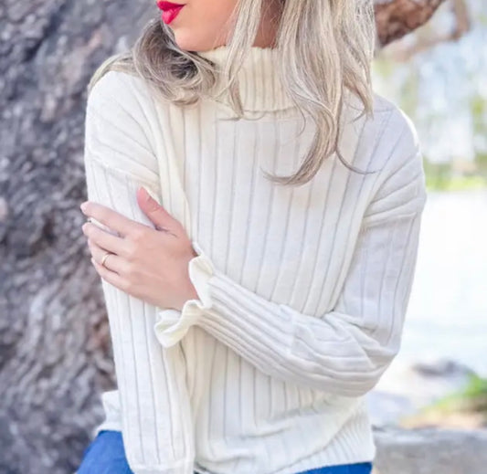 Cream Ruffle & Ribbed Turtle Neck