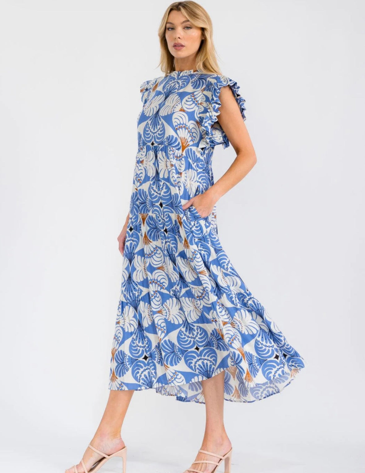 Ruffle Sleeve Blue & Brown Midi Dress