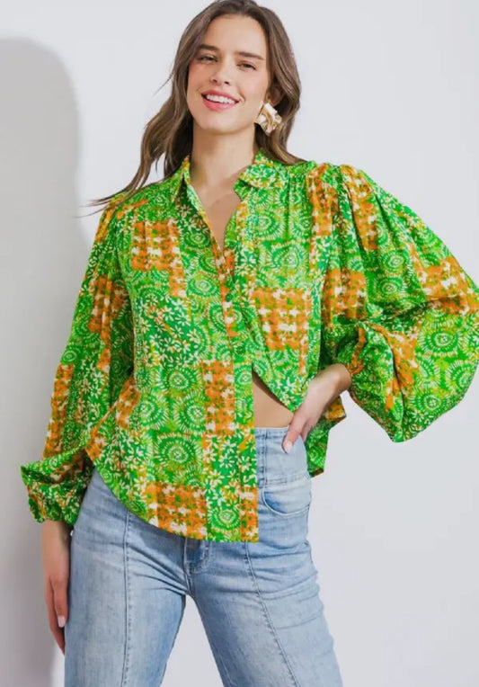 Green & Orange Woven Button Up