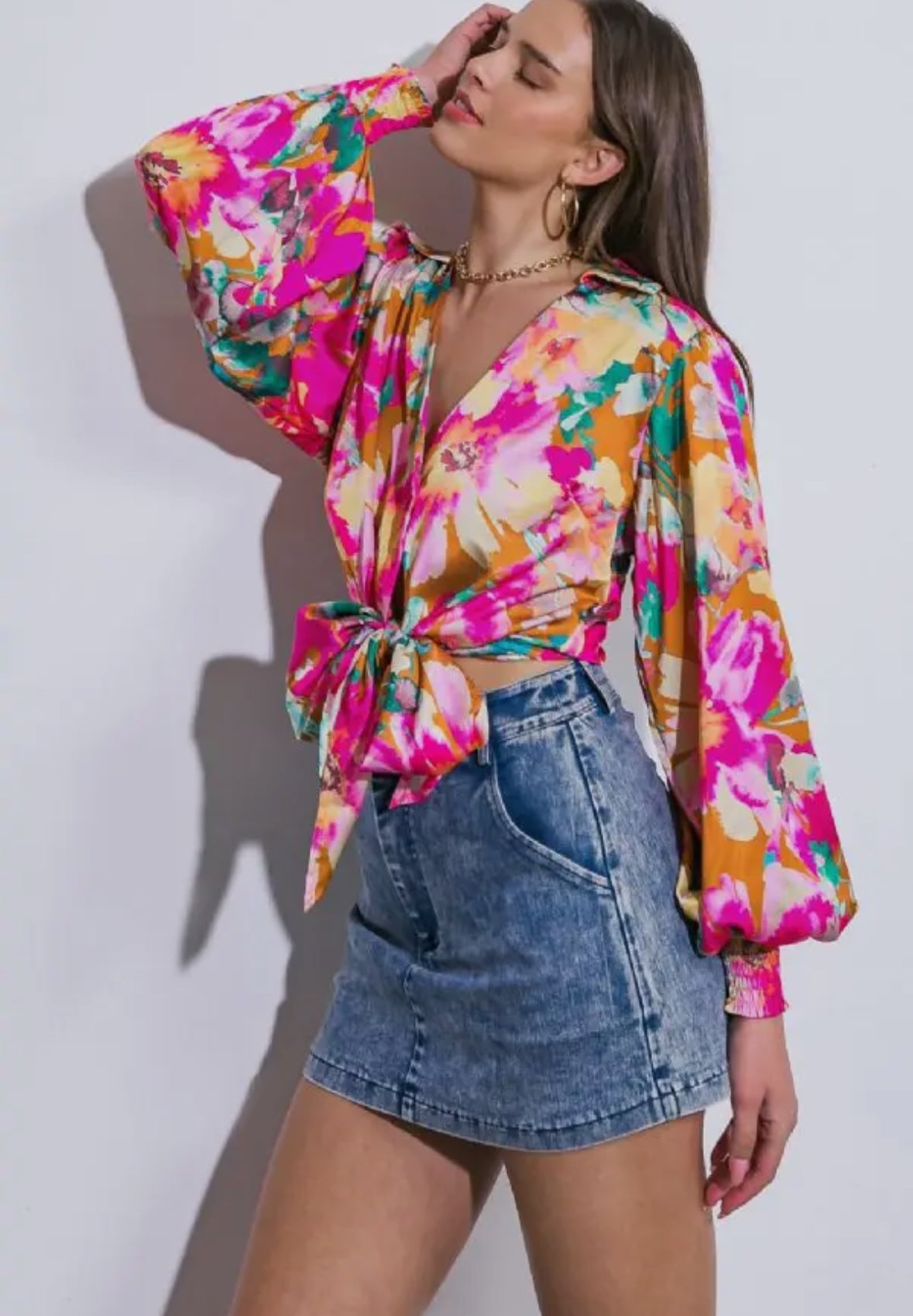 Floral Satin Tie Cropped Top