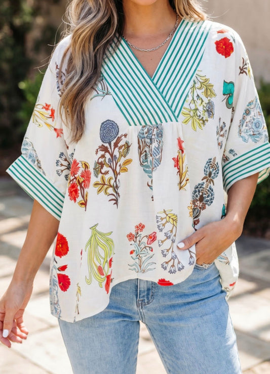 White Floral Striped Neck Top